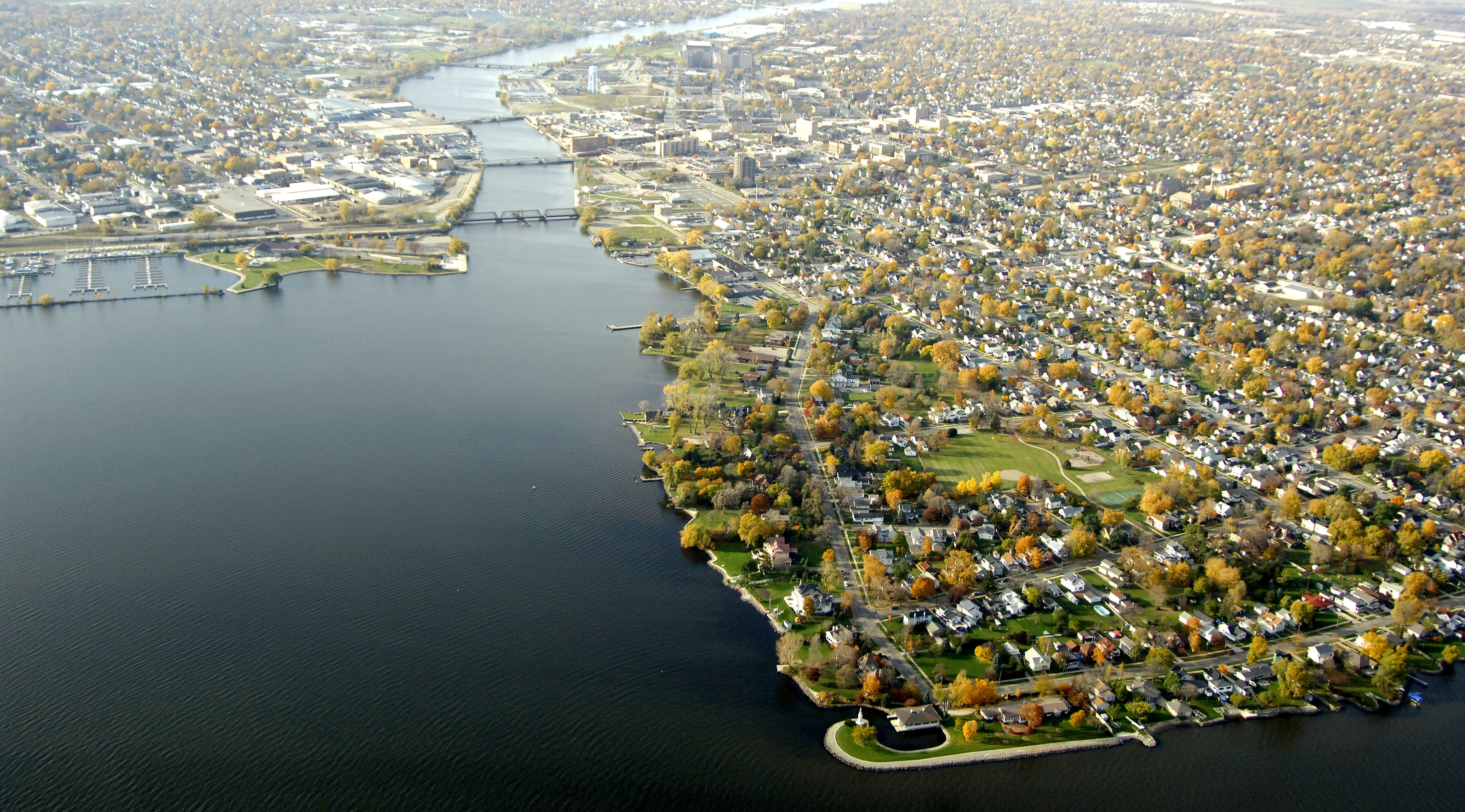 Aerial view of Oshkosh, Wisconsin on Lake Winnebago